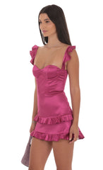 Satin Ruffle Corset Dress in Magenta