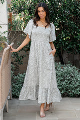 Cassis Smocked Midi Dress | Ivory + Black Floral