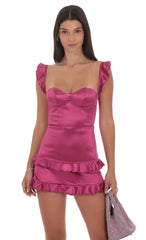 Satin Ruffle Corset Dress in Magenta