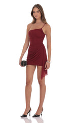 Mesh One Shoulder Tassel Dress in Maroon