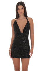 Sequin Plunge Cowl Neck Dress in Black