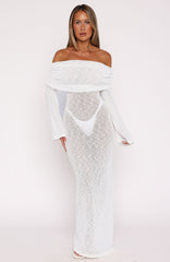 Made It Out Long Sleeve Boucle Maxi Dress White