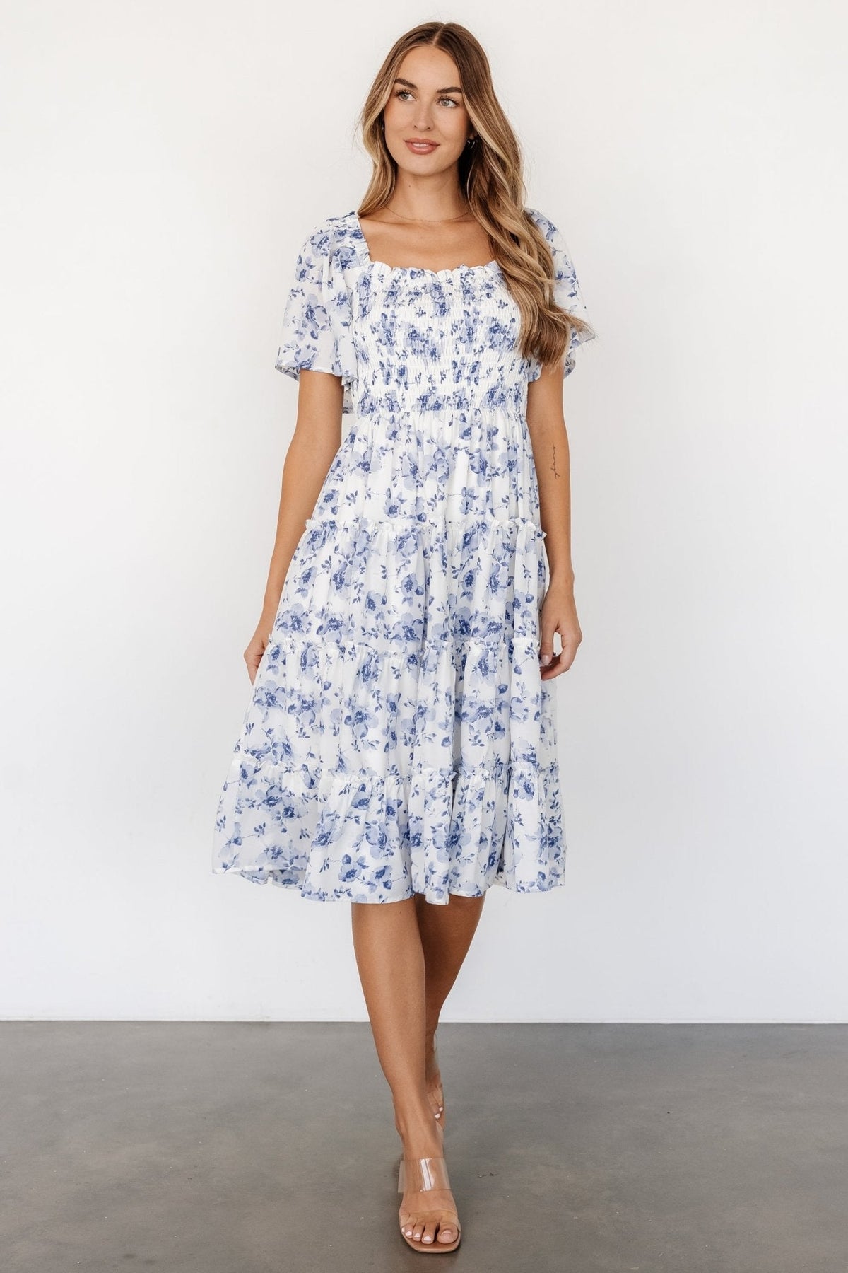 Lilla Tiered Midi Dress | Off-White + Blue Floral