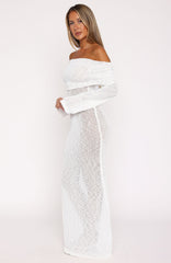 Made It Out Long Sleeve Boucle Maxi Dress White